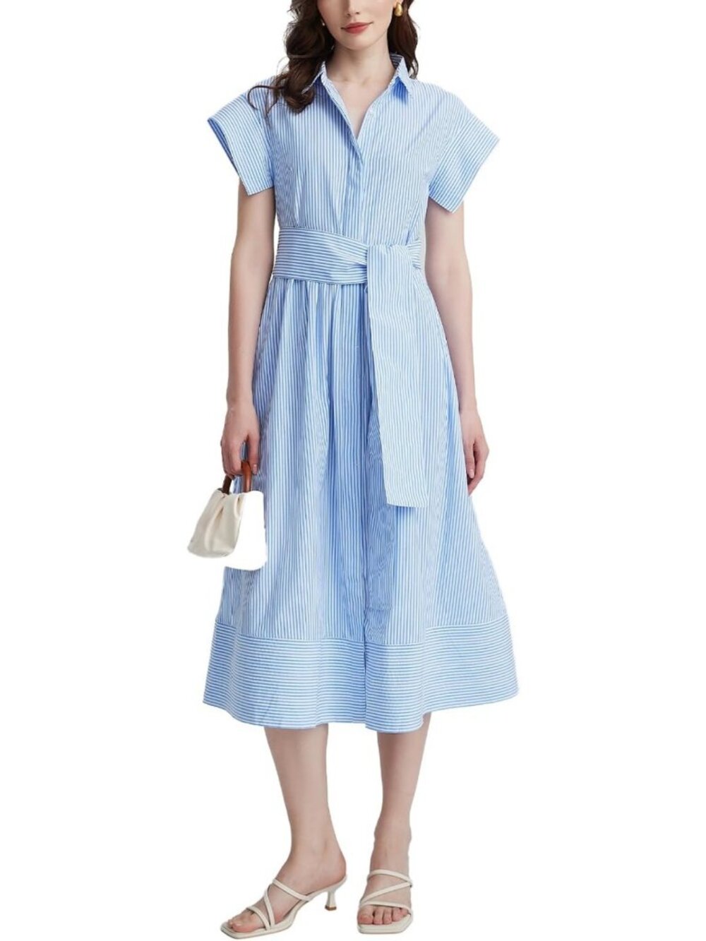 Chic Women's Striped Midi Dress - Belted, Short Sleeve, Button Down, V Neck